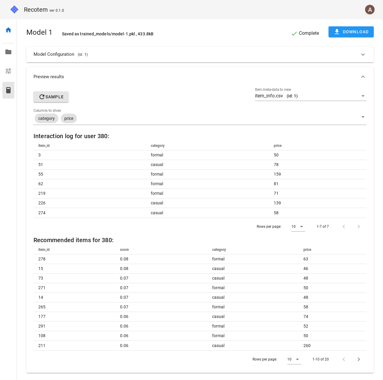 Recotem result screenshot